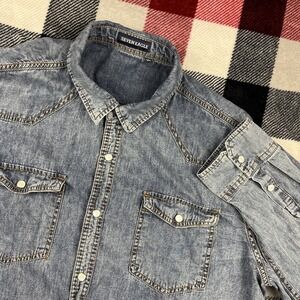 Seven Eagle Shirt Men's Large Blue Denim Pearl Snap Cowboy Western Vintage